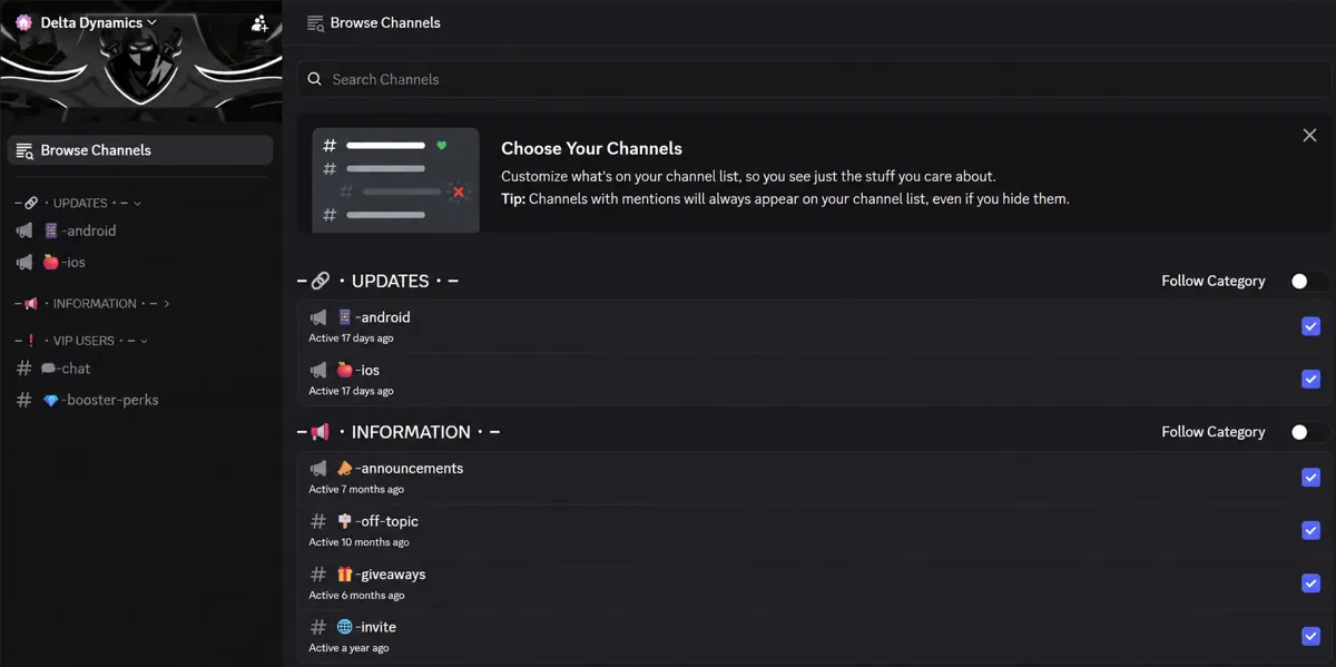Recorded Delta Dynamics Browse Channels screen