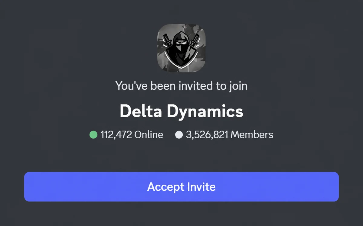 Recorded Delta Dynamics Discord invitation with the Accept Invite control