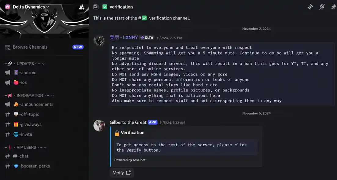 Recorded Delta Dynamics verification channel and server rules