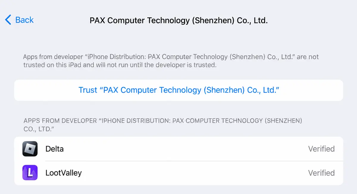 iPad Settings developer verification screen with a Trust control and installed app rows