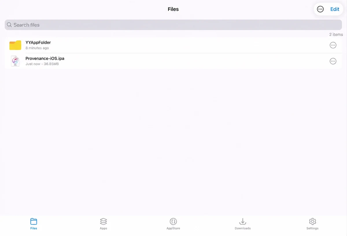 ESign Files screen showing an example IPA import; sample filename retained