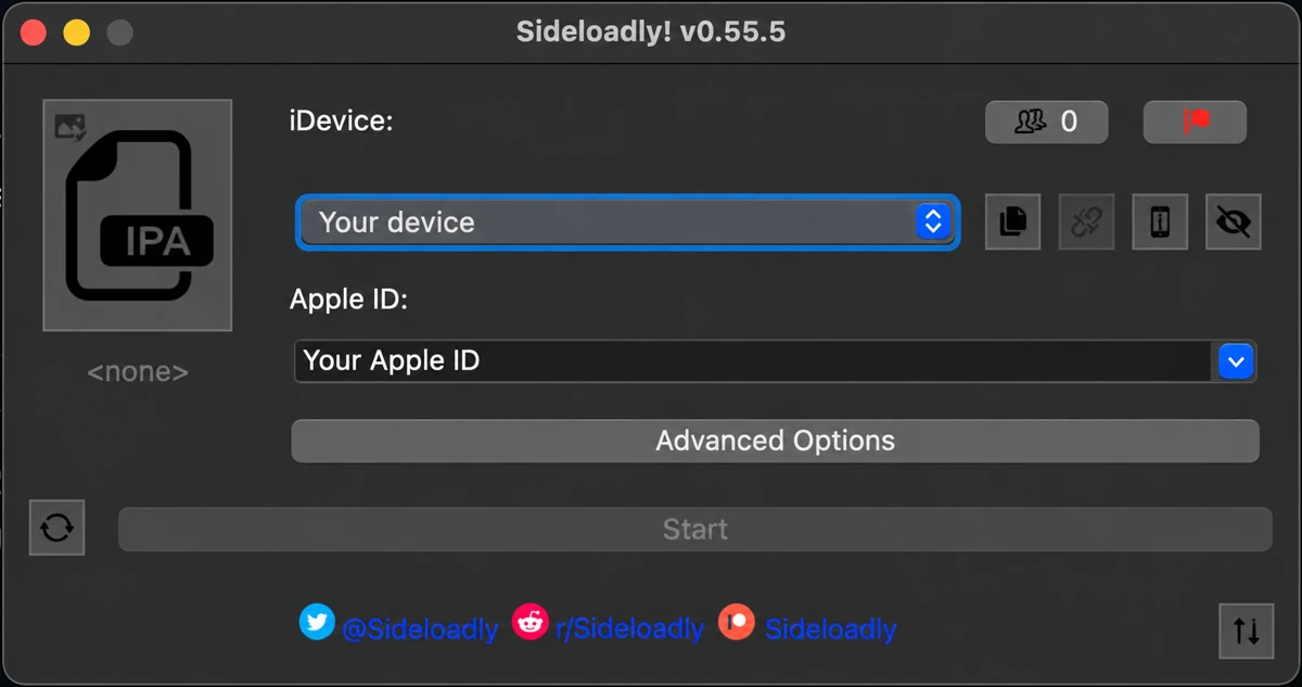 Sideloadly setup window with IPA selection, device and Apple ID fields