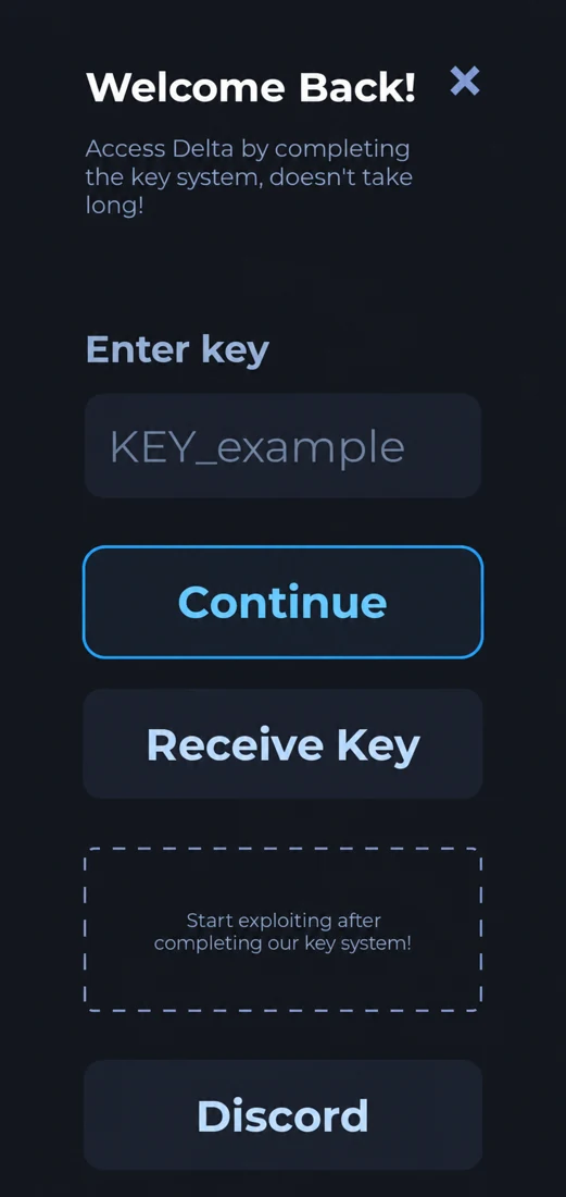 Recorded Delta key entry panel with Receive Key and Continue controls